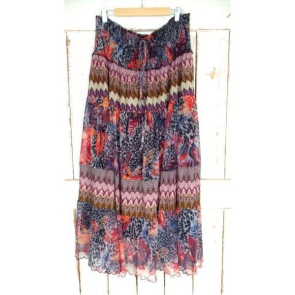 Vintage 90s sheer animal print floral knit Indian print boho maxi stretch skirt - Picture 3 of 5